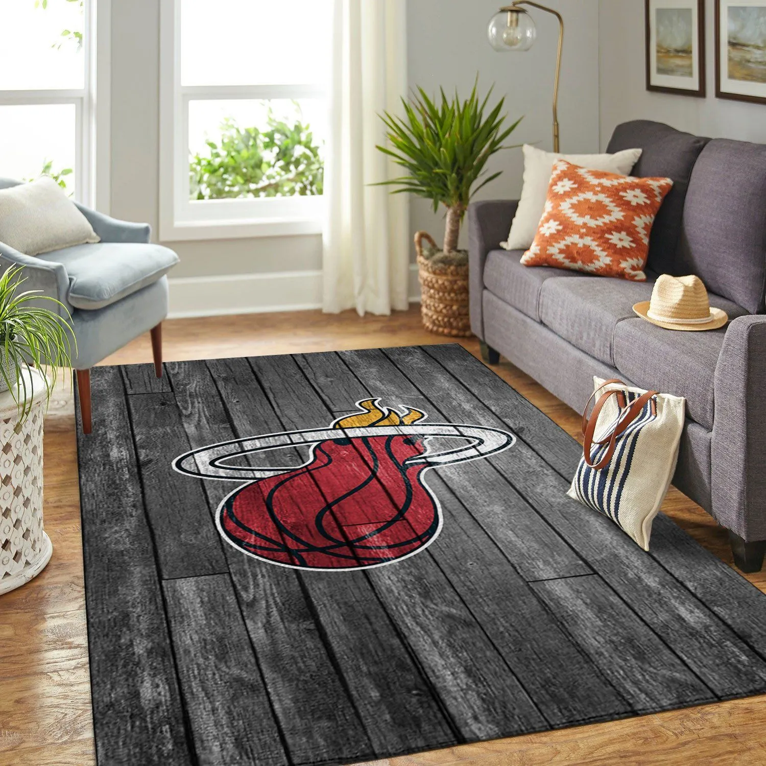 Miami Heat NBA Team Logo Grey Wooden Style Nice Gift Rectangle Area Rugs Carpet For Living Room, Bedroom, Kitchen Rugs, Non-Slip Carpet 996XV-9744