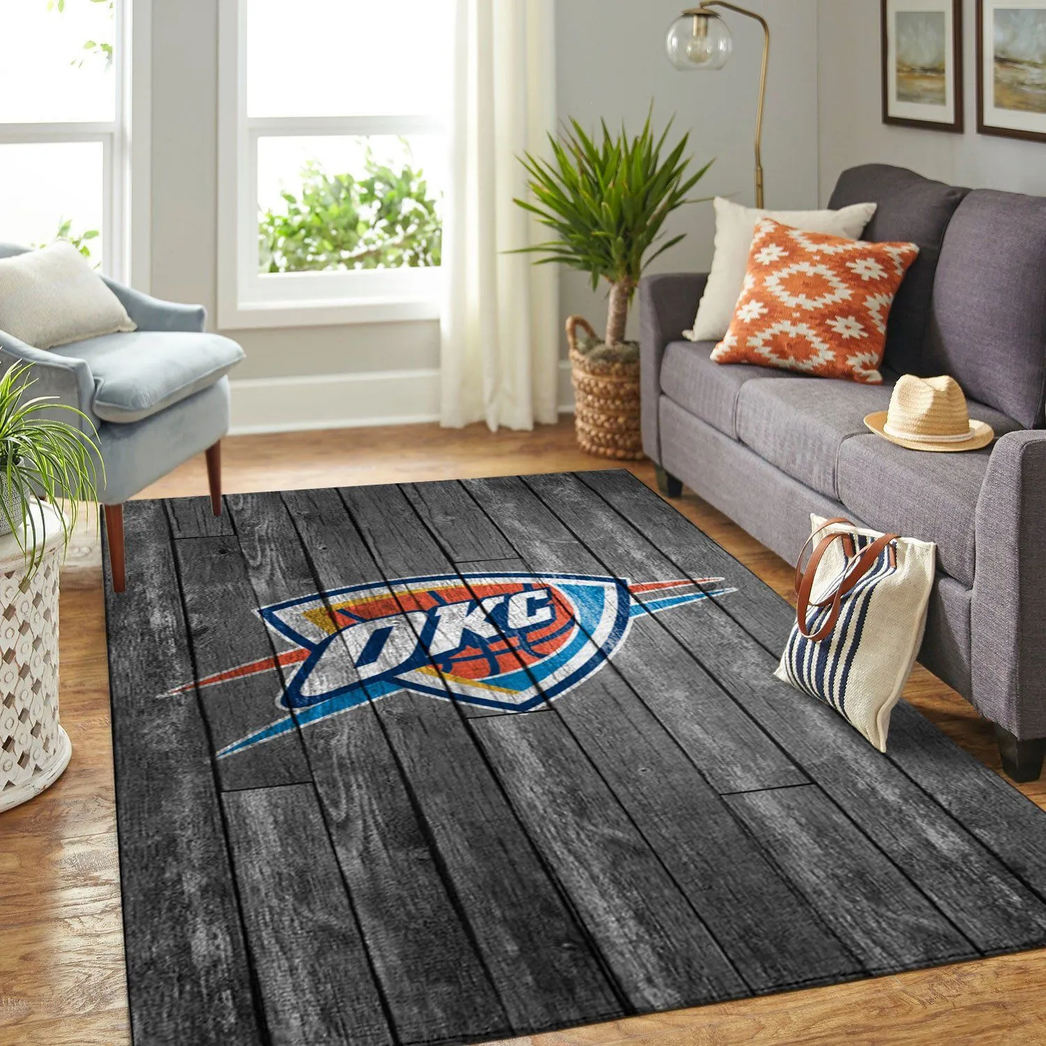 Oklahoma City Thunder NBA Team Logo Grey Wooden Style Nice Gift Rectangle Area Rugs Carpet For Living Room, Bedroom, Kitchen Rugs, Non-Slip Carpet 384NP-6487