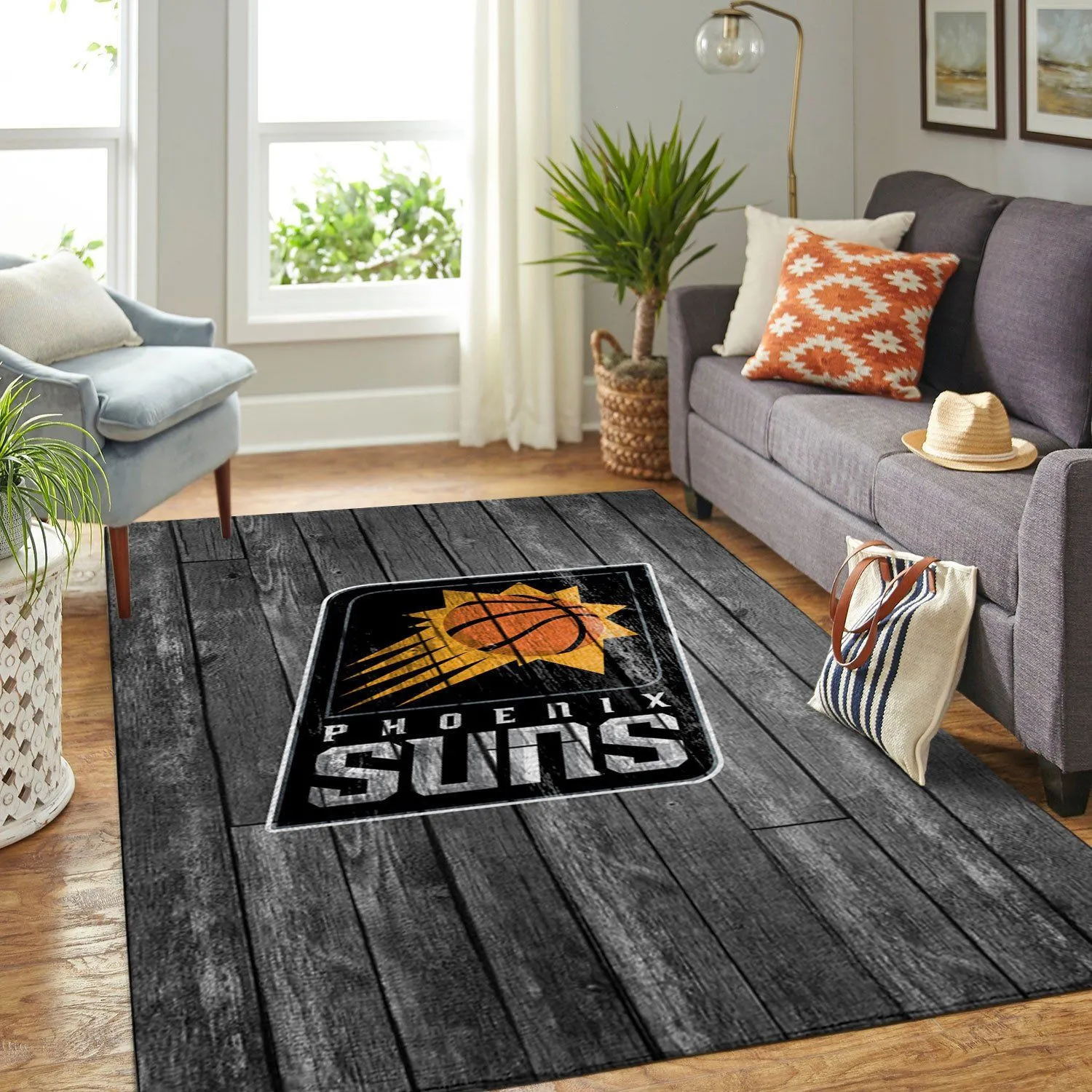 Phoenix Suns NBA Team Logo Grey Wooden Style Nice Gift Rectangle Area Rugs Carpet For Living Room, Bedroom, Kitchen Rugs, Non-Slip Carpet 118DA-8242