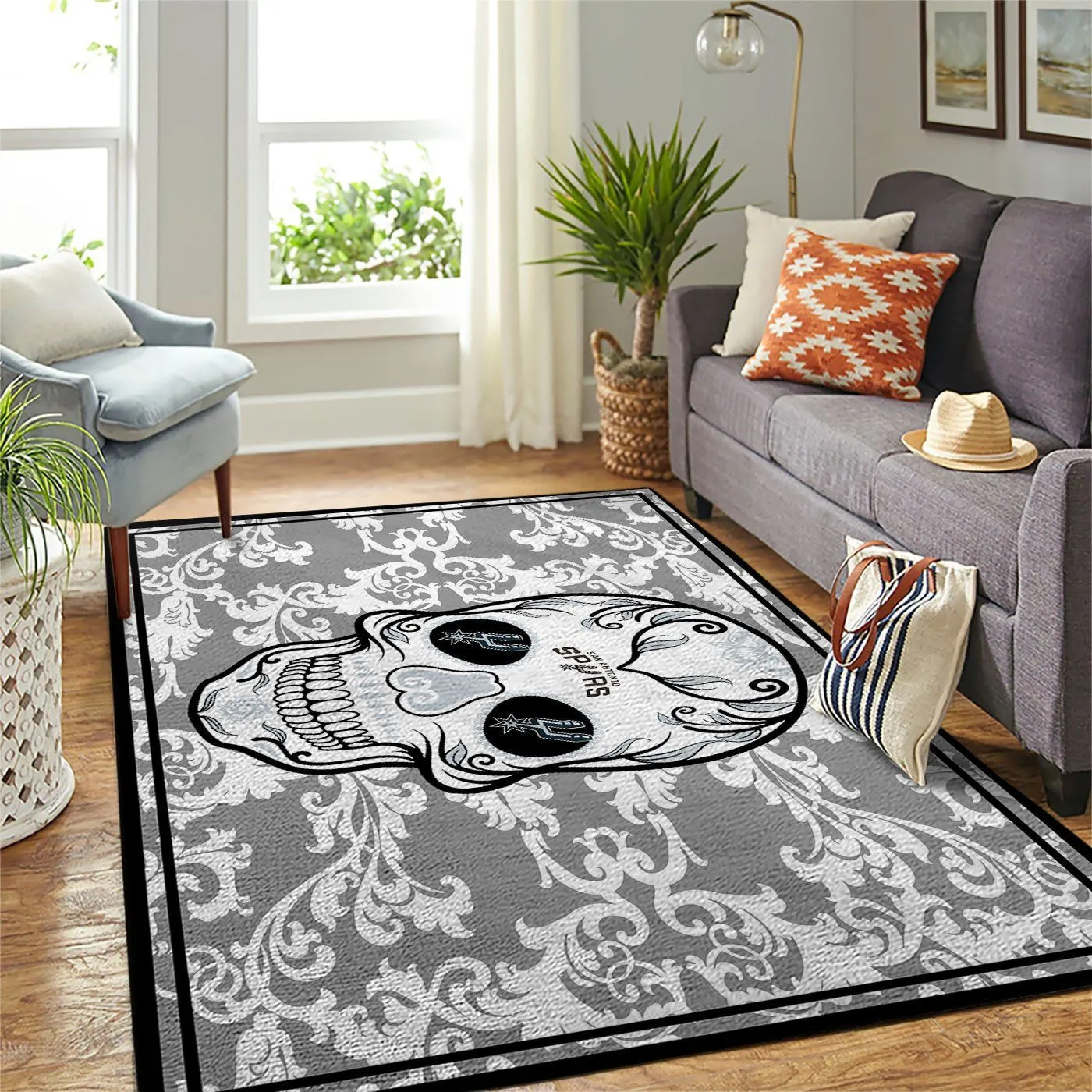 San Antonio Spurs NBA Team Logo Skull Flower Style Nice Gift Rectangle Area Rugs Carpet For Living Room, Bedroom, Kitchen Rugs, Non-Slip Carpet 513RW-9898