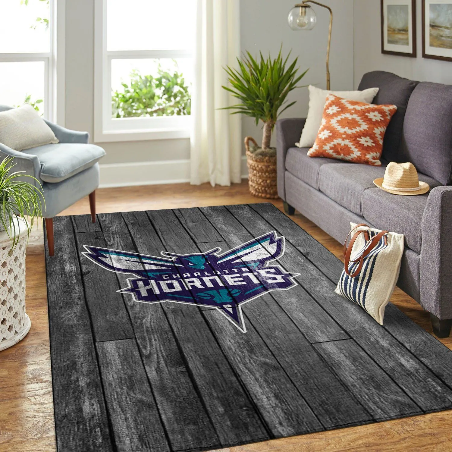 Charlotte Hornets NBA Team Logo Grey Wooden Style Nice Gift Home Decor Rectangle Area Rug Indoor Outdoor Rugs 603PV-4983