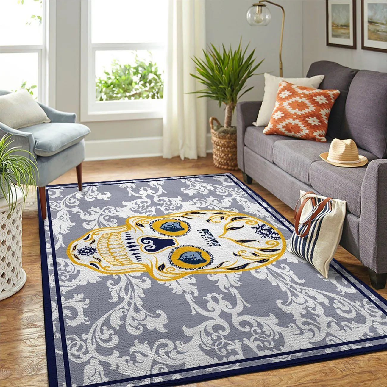 Memphis Grizzlies NBA Team Logo Skull Flower Style Nice Gift Home Decor Rectangle Area Rug Indoor Outdoor Rugs 620RT-3355