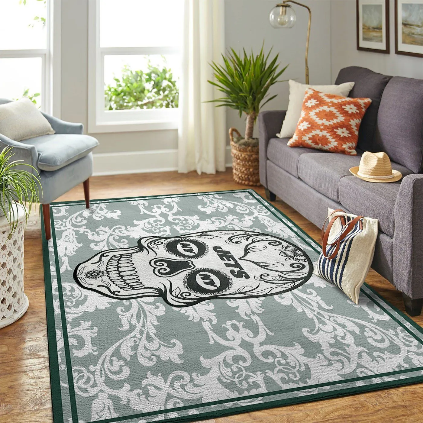 New York Jets NFL Team Logo Skull Flower Style Nice Gift Home Decor Rectangle Area Rug Indoor Outdoor Rugs 473TE-7845