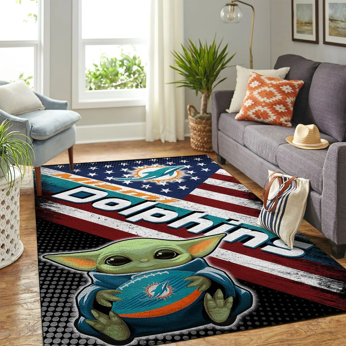 Miami Dolphins NFL Team Logo Baby Yoda Us Style Nice Gift Home Decor Rectangle Area Rug Indoor Outdoor Rugs 660NL-5247