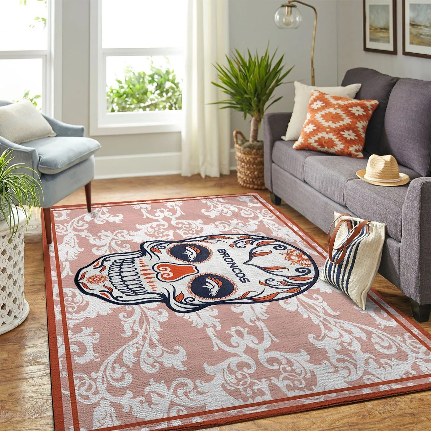 Denver Broncos NFL Team Logo Skull Flower Style Nice Gift Home Decor Rectangle Area Rug Indoor Outdoor Rugs 358SJ-5222
