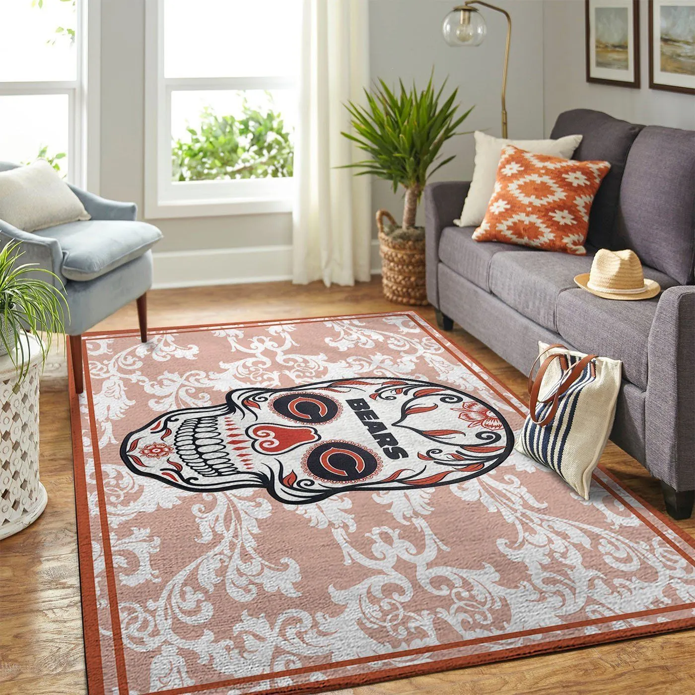 Chicago Bears NFL Team Logo Skull Flower Style Nice Gift Home Decor Rectangle Area Rug Indoor Outdoor Rugs 938RI-1668