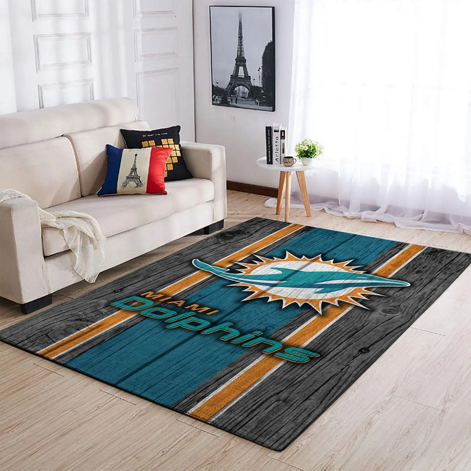 Miami Dolphins NFL Team Logo Wooden Style Style Nice Gift Rectangle Area Rugs Carpet For Living Room, Bedroom, Kitchen Rugs, Non-Slip Carpet 579FY-7117