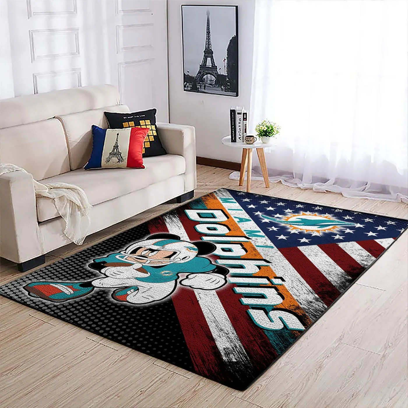 Miami Dolphins NFL Team Logo Mickey Us Style Nice Gift Rectangle Area Rugs Carpet For Living Room, Bedroom, Kitchen Rugs, Non-Slip Carpet 404YF-2949