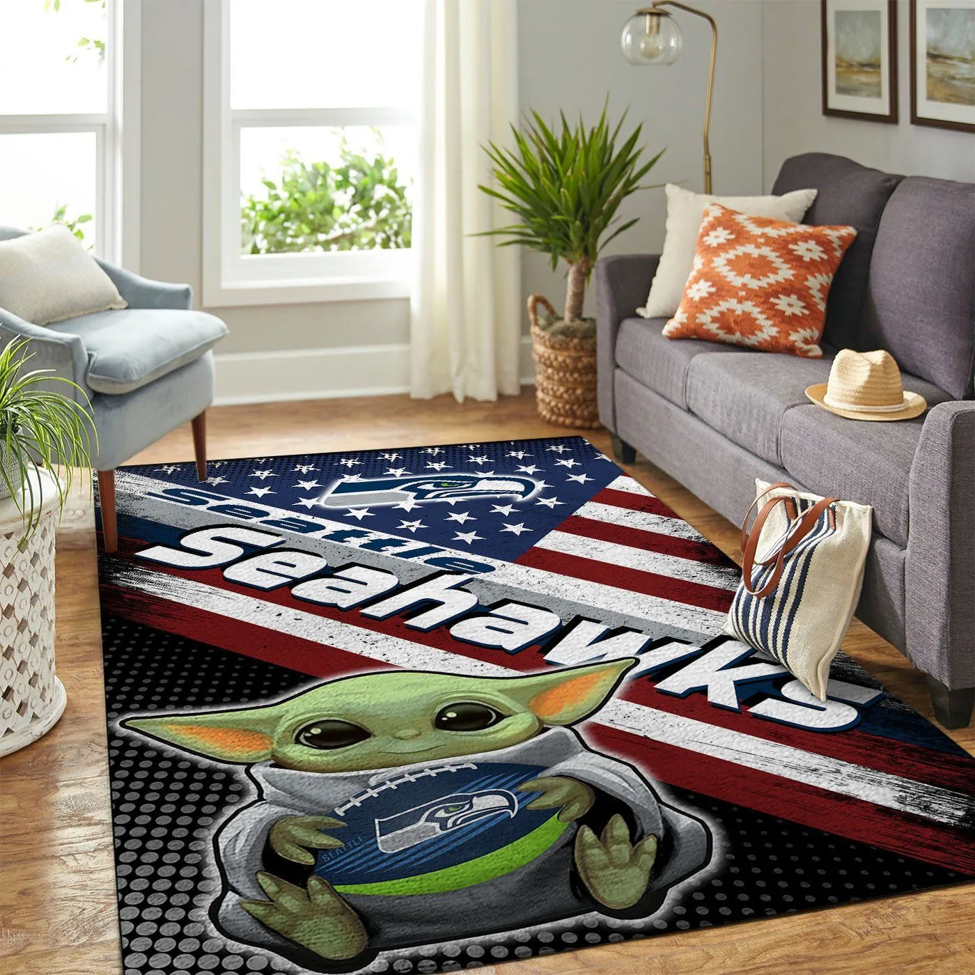 Seattle Seahawks NFL Team Logo Baby Yoda Us Style Nice Gift Rectangle Area Rugs Carpet For Living Room, Bedroom, Kitchen Rugs, Non-Slip Carpet 889MD-5002