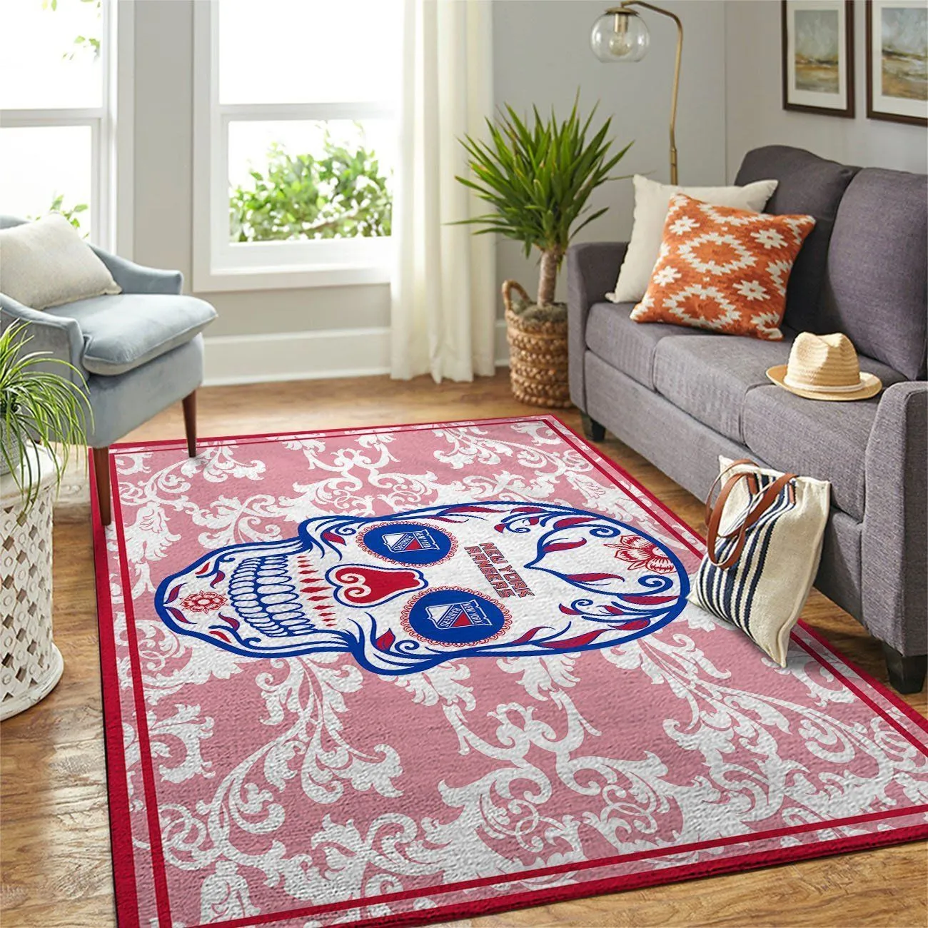 New York Rangers NHL Team Logo Skull Flower Style Nice Gift Home Decor Rectangle Area Rug Indoor Outdoor Rugs 114OG-1982