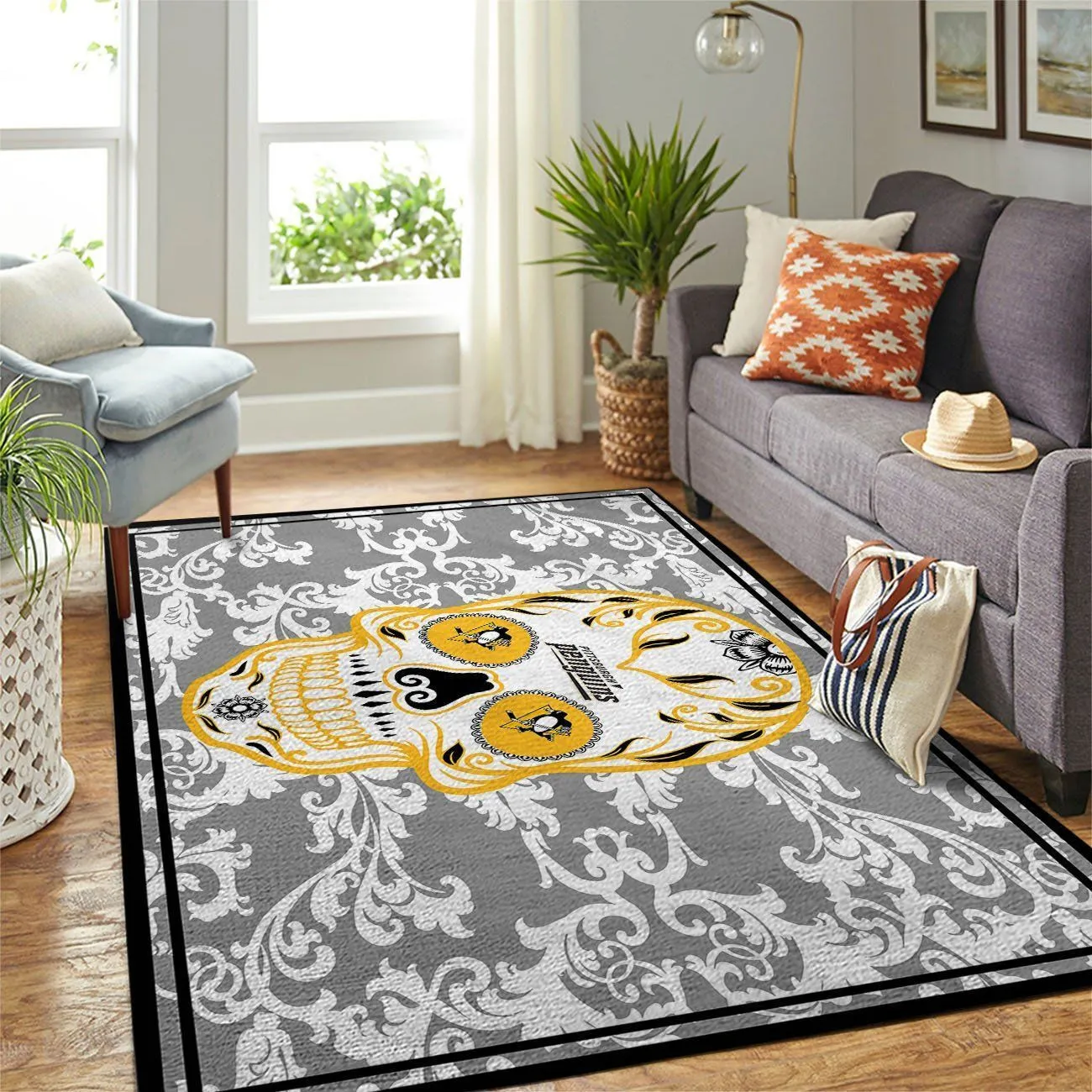 Pittsburgh Penguins NHL Team Logo Skull Flower Style Nice Gift Home Decor Rectangle Area Rug Indoor Outdoor Rugs 660BF-3183