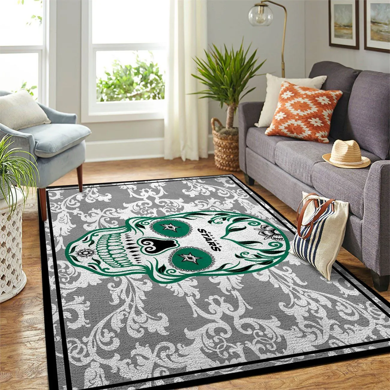 Dallas Stars NHL Team Logo Skull Flower Style Area Rugs For Living Room Rectangle Rug Bedroom Rugs Carpet Flooring Gift 137921 366CE-2728