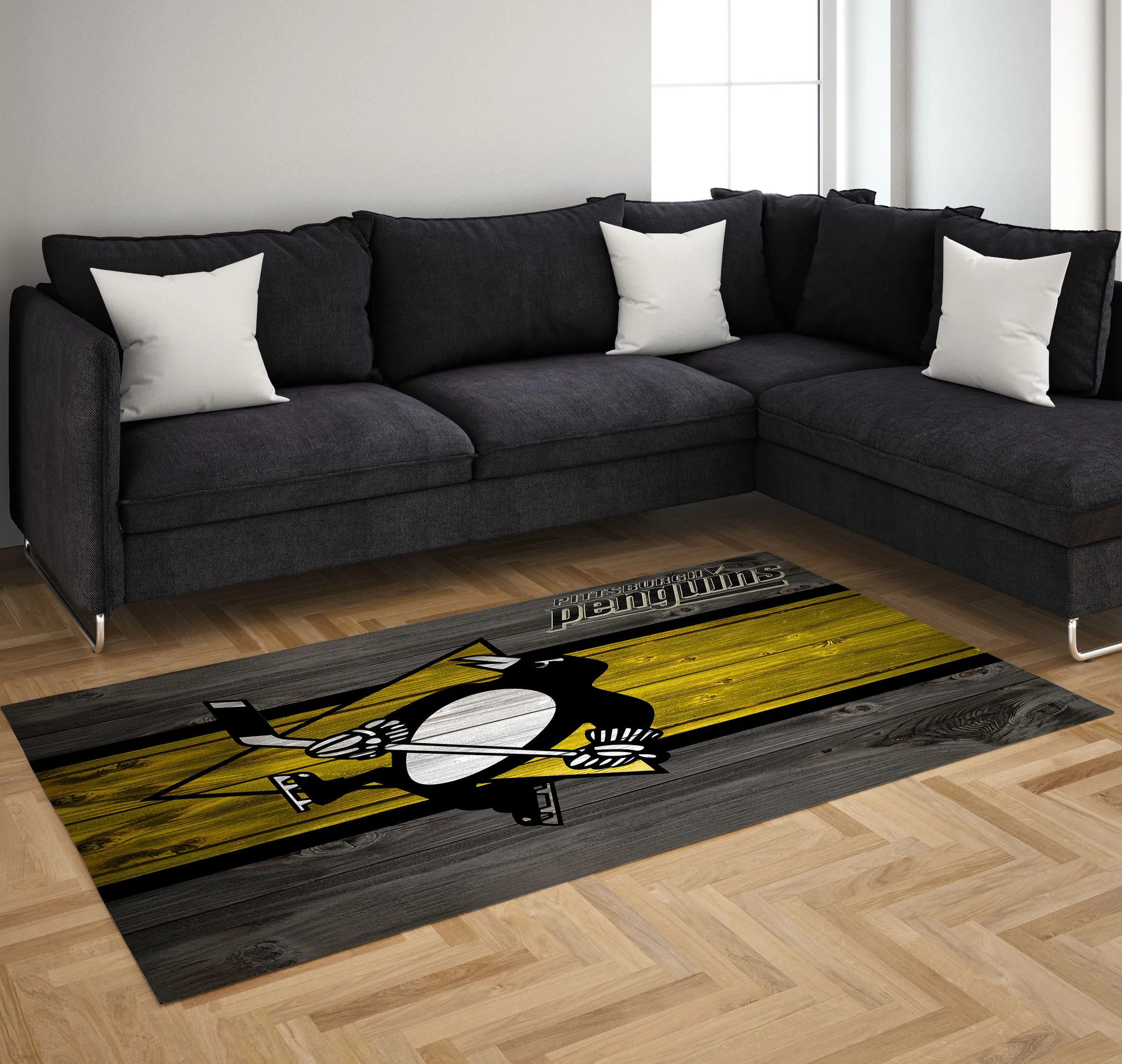 Pittsburgh Penguins NHL Team Logo Wooden Style Nice Gift Rectangle Area Rugs Carpet For Living Room, Bedroom, Kitchen Rugs, Non-Slip Carpet 591VU-3573