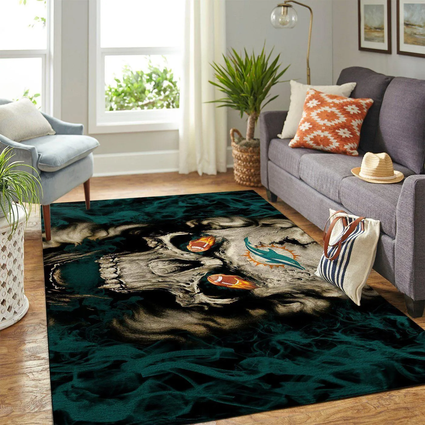 Miami Dolphins Nfl Skull Style Living Room Carpet Sports Rug Regtangle 472CD-9677
