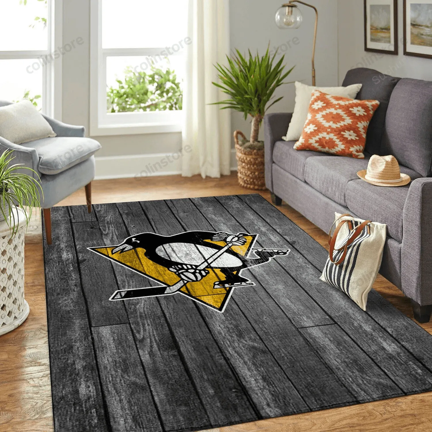 Pittsburgh Penguins Team Logo Grey Wooden Style Nice Gift Home Decor Rectangle Area 320SL-9479