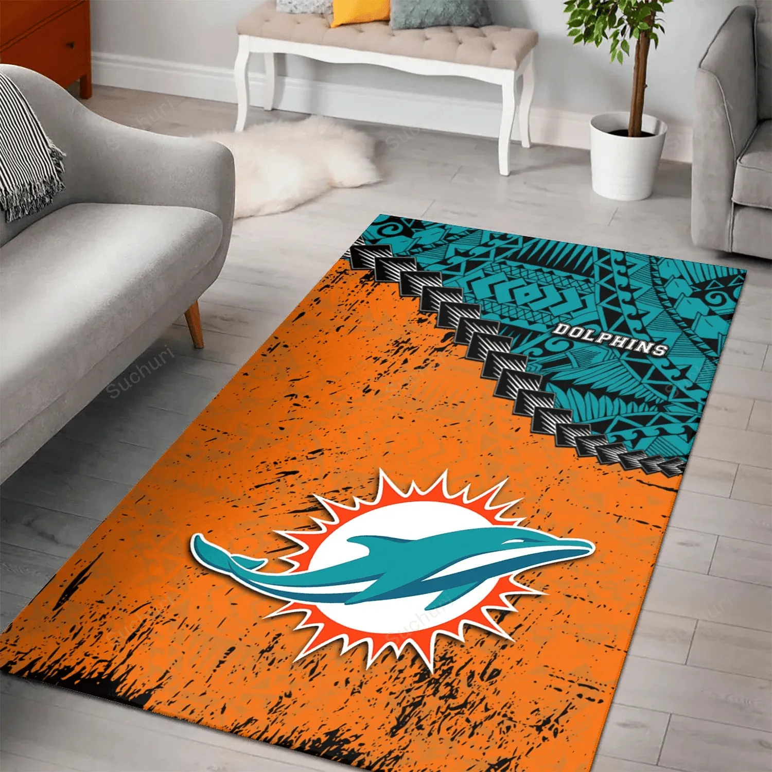 Miami Dolphins Rectangle Area Rugs Grunge Polynesian Tattoo 615IX-5292