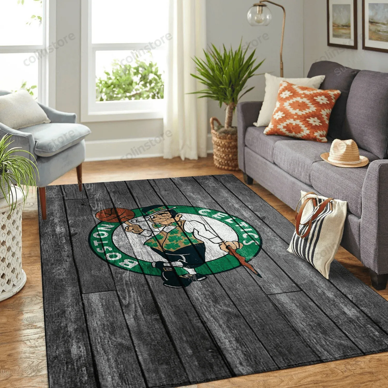 Boston Celtics Team Logo Grey Wooden Style Nice Gift 3D Rectangle Area Rug Full Printing Living Room Bed Room Home Decor 488HQ-2231