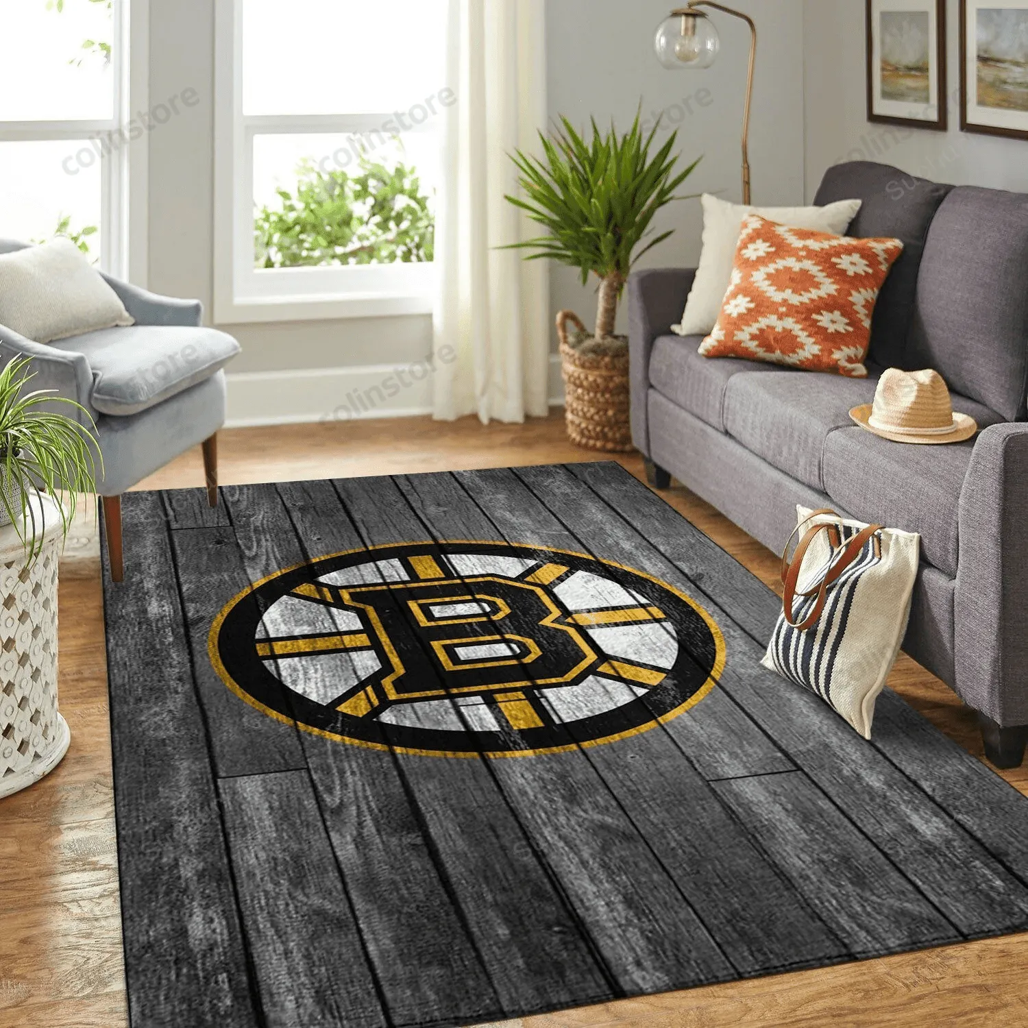 Boston Bruins Team Logo Grey Rectangle Area Rugs Wooden Style Living Room Carpet 549ZV-1035