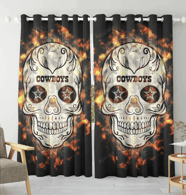 Dallas Cowboys Skull Flowers Fire Blackout Window Curtain 2 Panels For Living Room Bed Room Gift For Fan