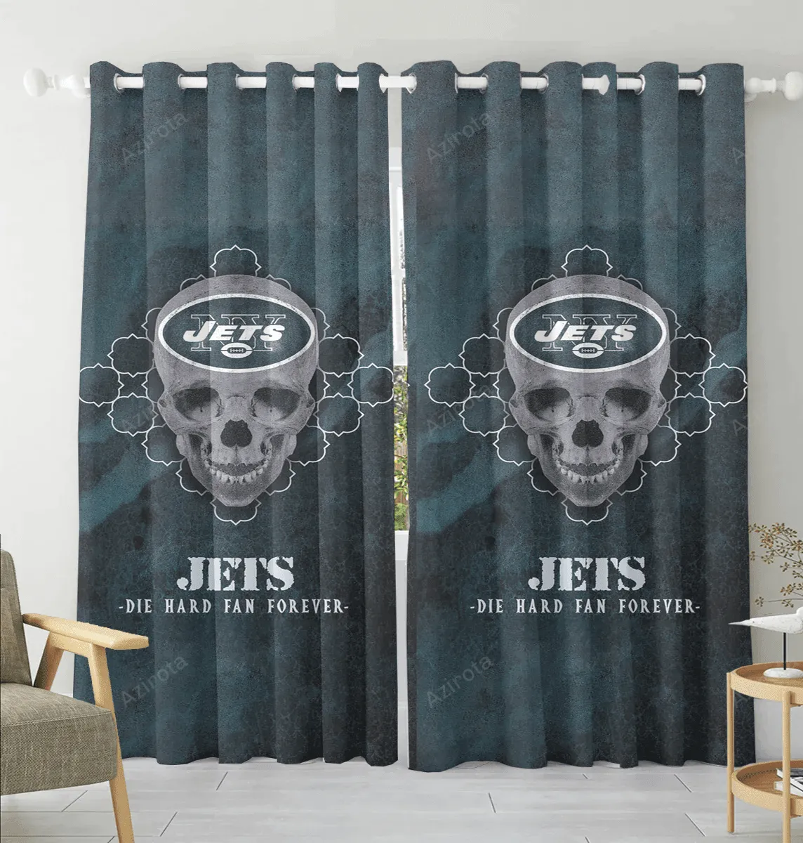New York Jets Skull v41 Blackout Window Curtain 2 Panels For Living Room Bed Room Gift For Fan