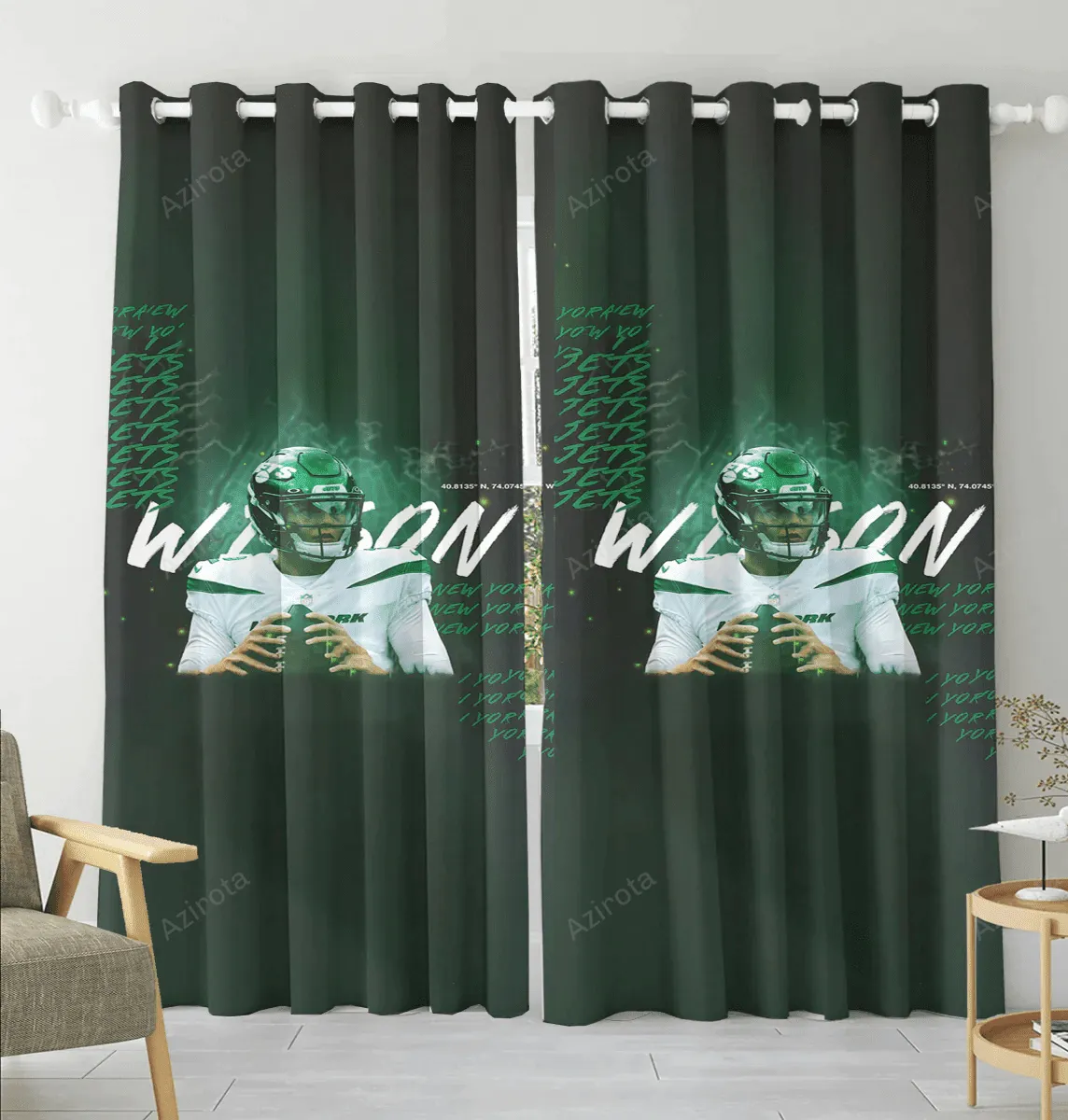 New York Jets 02 Zach Wilson v49 Blackout Window Curtain 2 Panels For Living Room Bed Room Gift For Fan