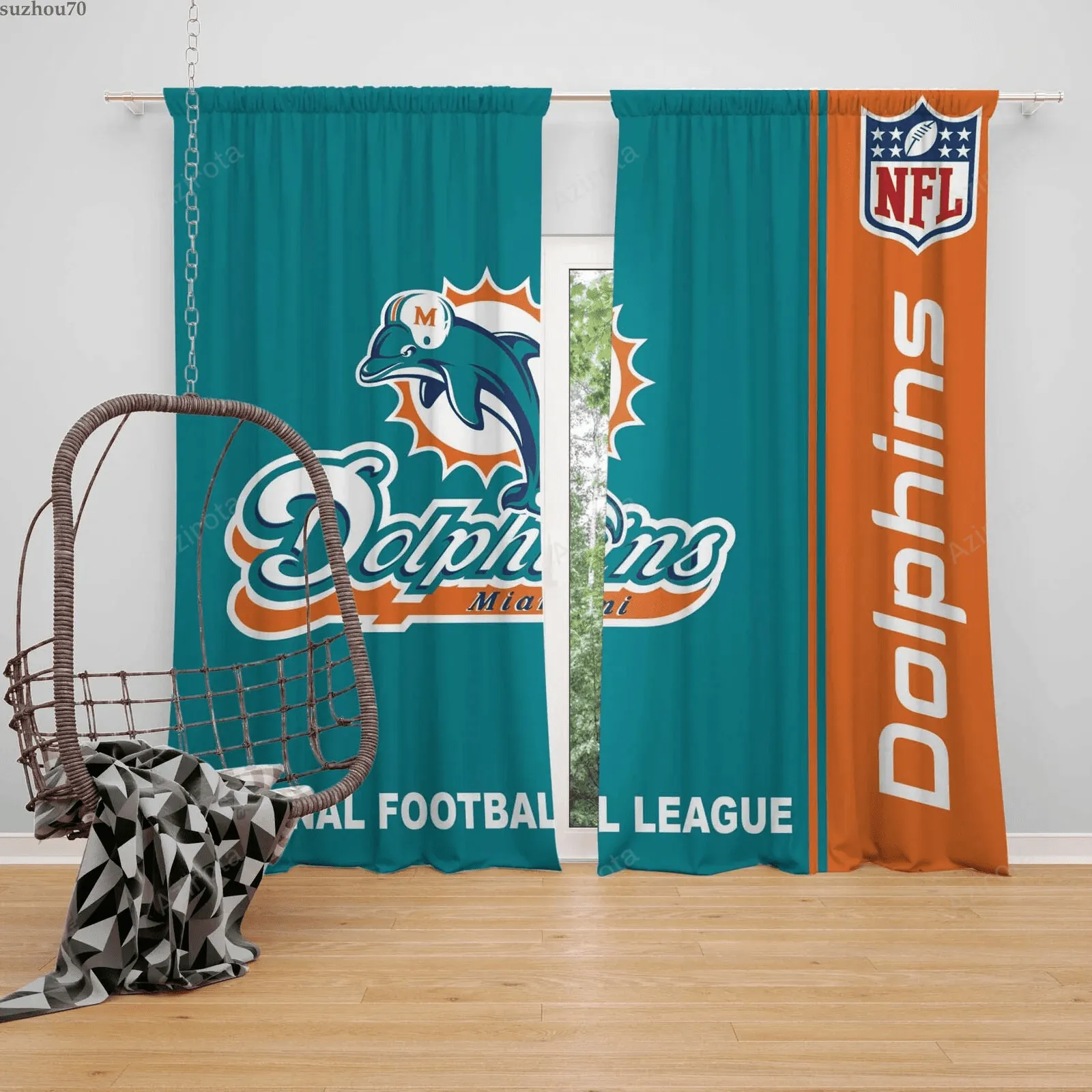 Miami Dolphins America Logo Blackout Window Curtain 2 Panels For Living Room Bed Room Gift For Fan
