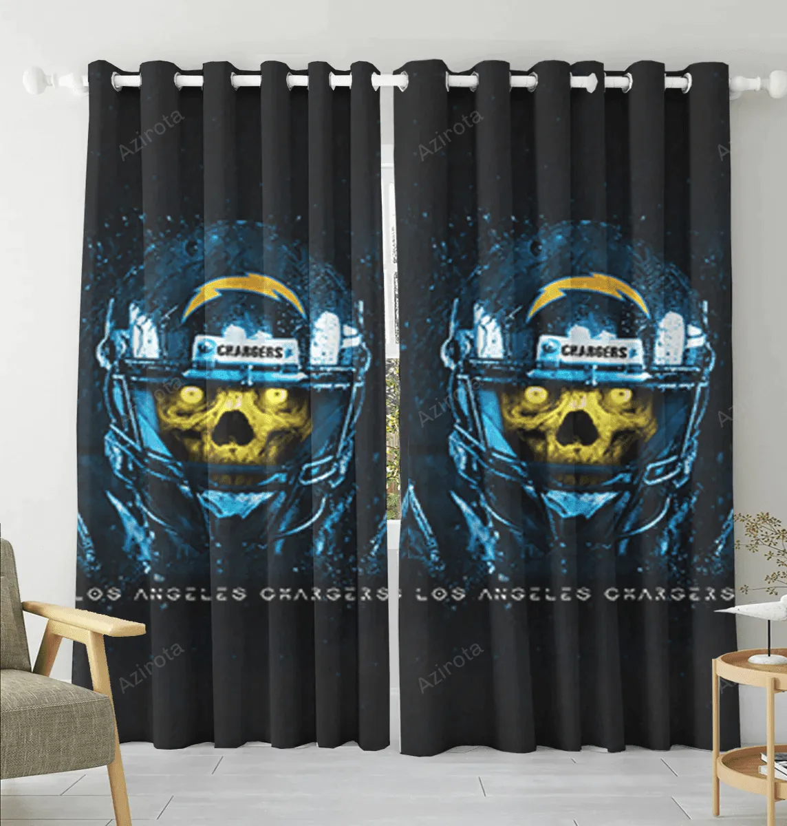 Los Angeles Chargers Skull v31 Blackout Window Curtain 2 Panels For Living Room Bed Room Gift For Fan