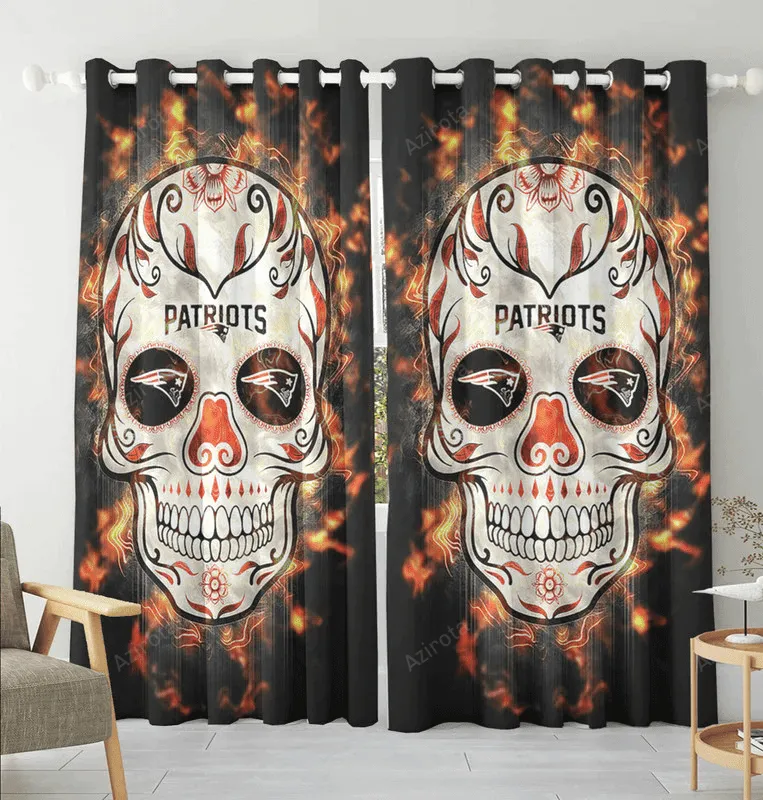 New England Patriots Skull Flowers Fire Blackout Window Curtain 2 Panels For Living Room Bed Room Gift For Fan