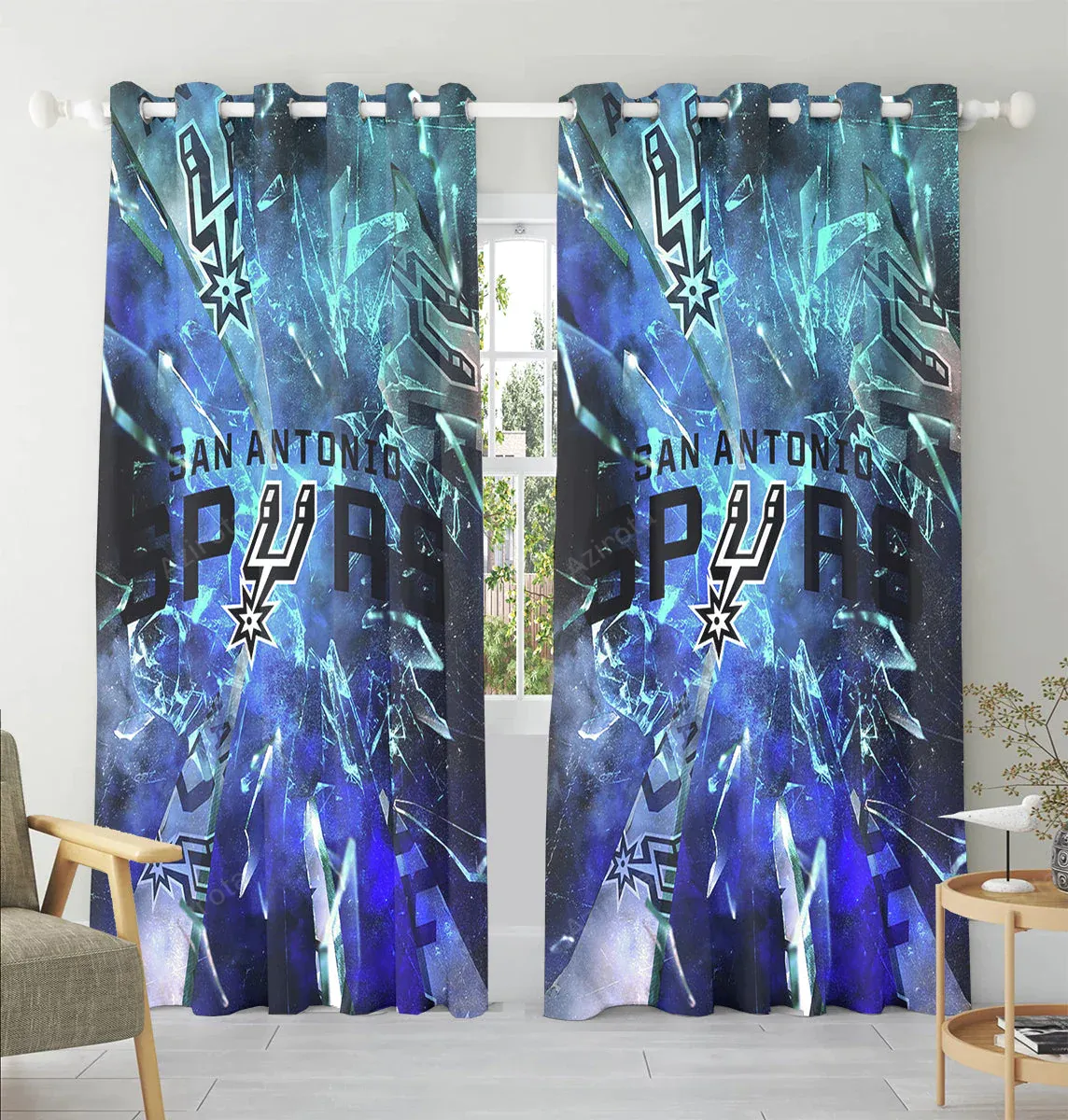 San Antonio Spurs Logo Crack Glass Blue Window Curtain