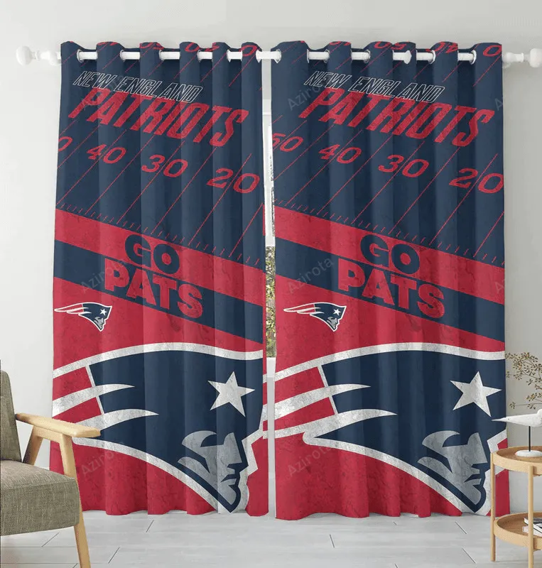 New England Patriots Go Pat Blue Red Blackout Window Curtain 2 Panels For Living Room Bed Room Gift For Fan