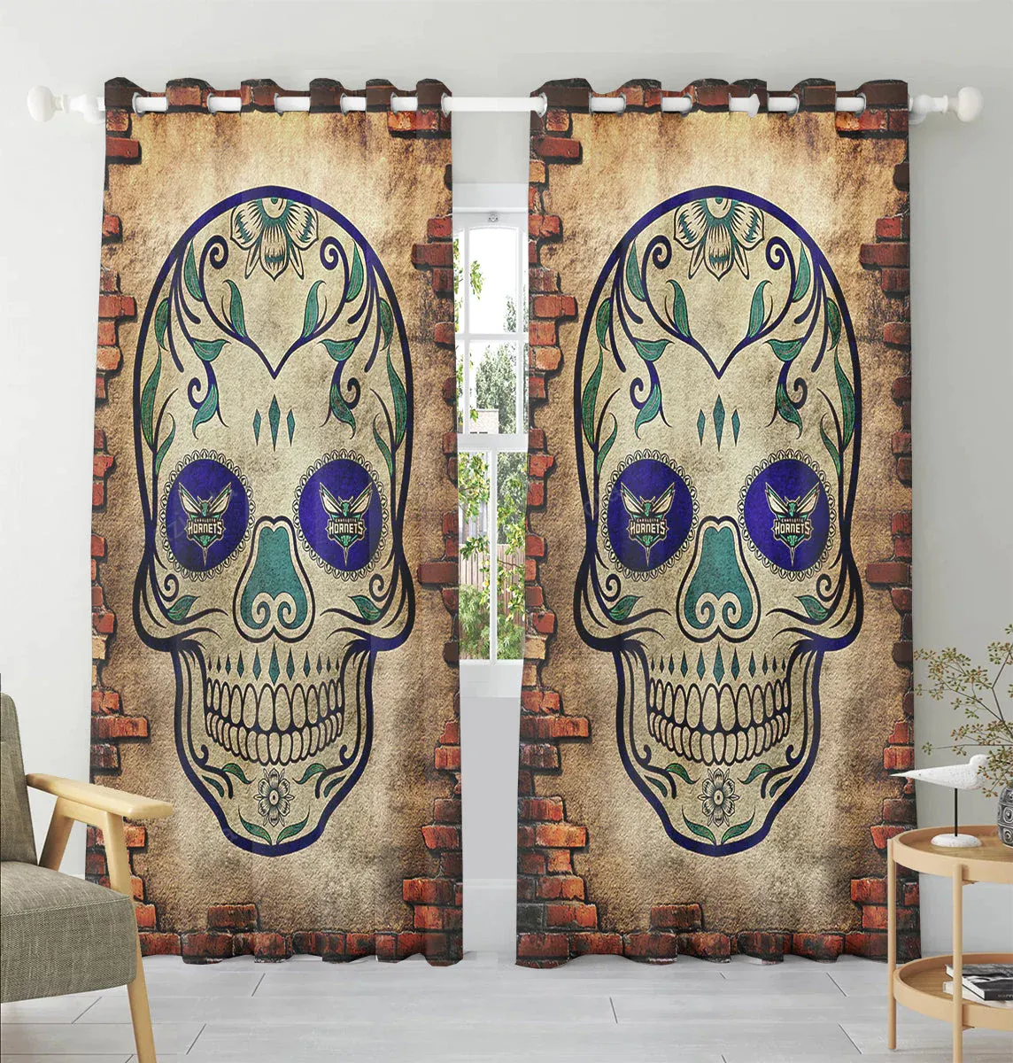 Charlotte Hornets Skull Brick Wall Window Curtain