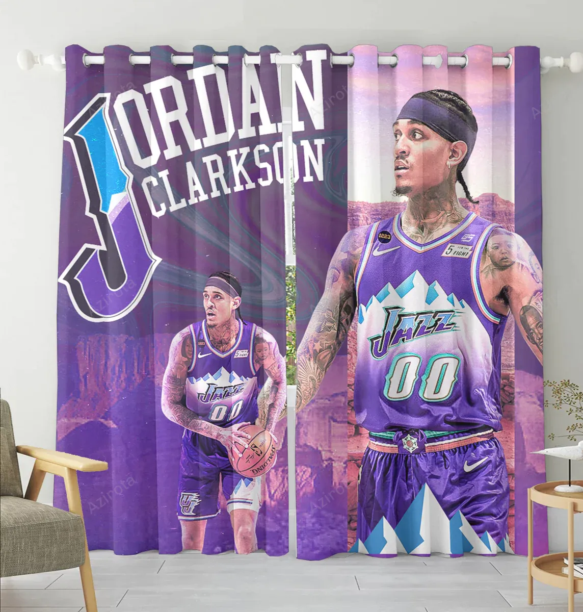 Utah Jazz 00 Jordan Clarkson v38 Blackout Window Curtain 2 Panels For Living Room Bed Room Gift For Fan