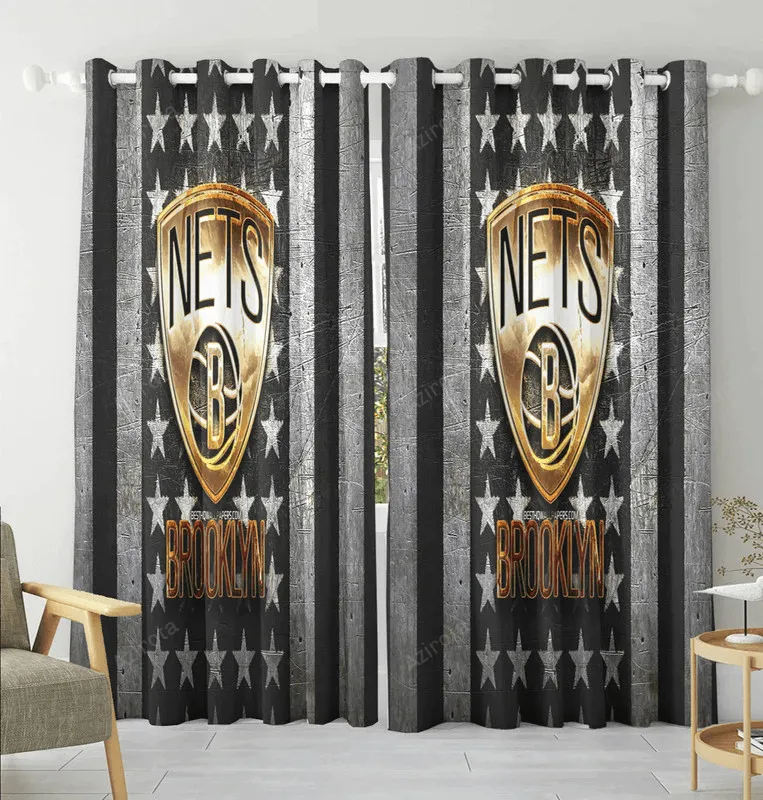 Brooklyn Nets Golden Ball Flag Blackout Window Curtain 2 Panels For Living Room Bed Room Gift For Fan