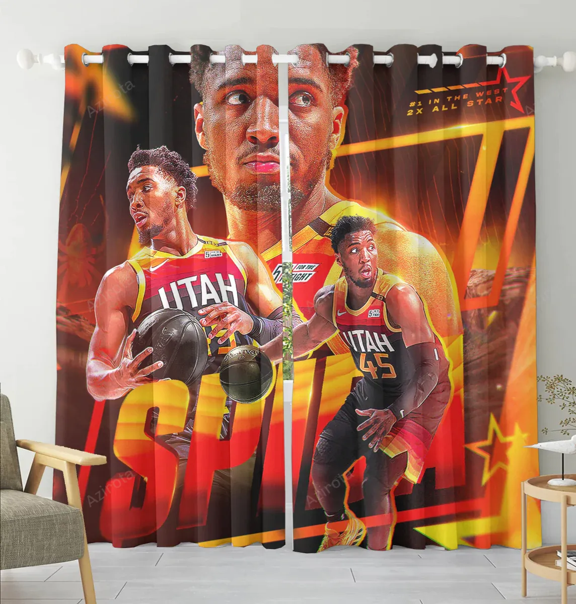 Utah Jazz 45 Donova Mitchell v27 Blackout Window Curtain 2 Panels For Living Room Bed Room Gift For Fan