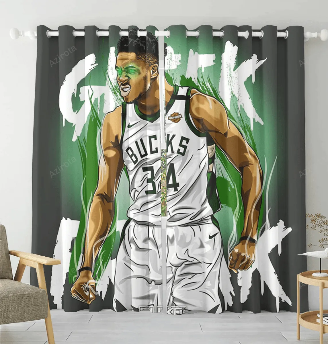 Milwaukee Bucks 34 Giannis Antetokounmpo v32 Blackout Window Curtain 2 Panels For Living Room Bed Room Gift For Fan