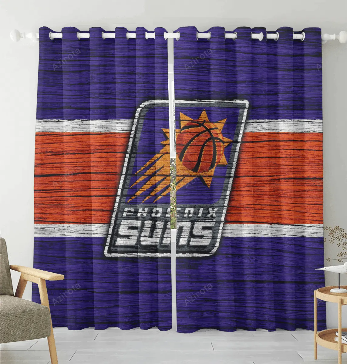 Phoenix Suns Emblem Wooden Texture Blackout Window Curtain 2 Panels For Living Room Bed Room Gift For Fan