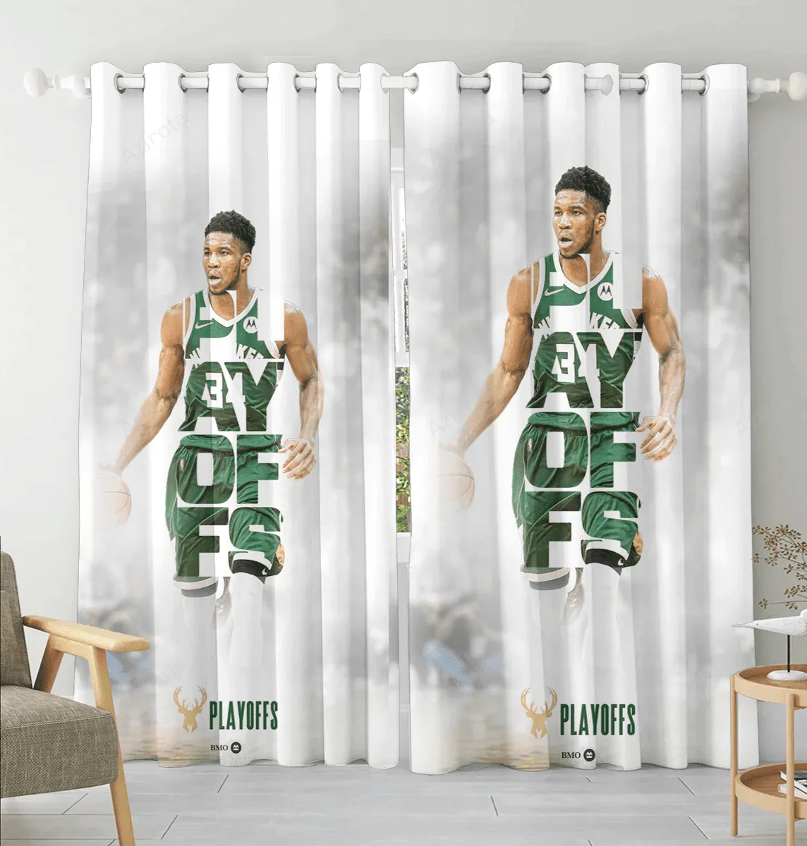 Milwaukee Bucks 34 Giannis Antetokounmpo v26 Blackout Window Curtain 2 Panels For Living Room Bed Room Gift For Fan