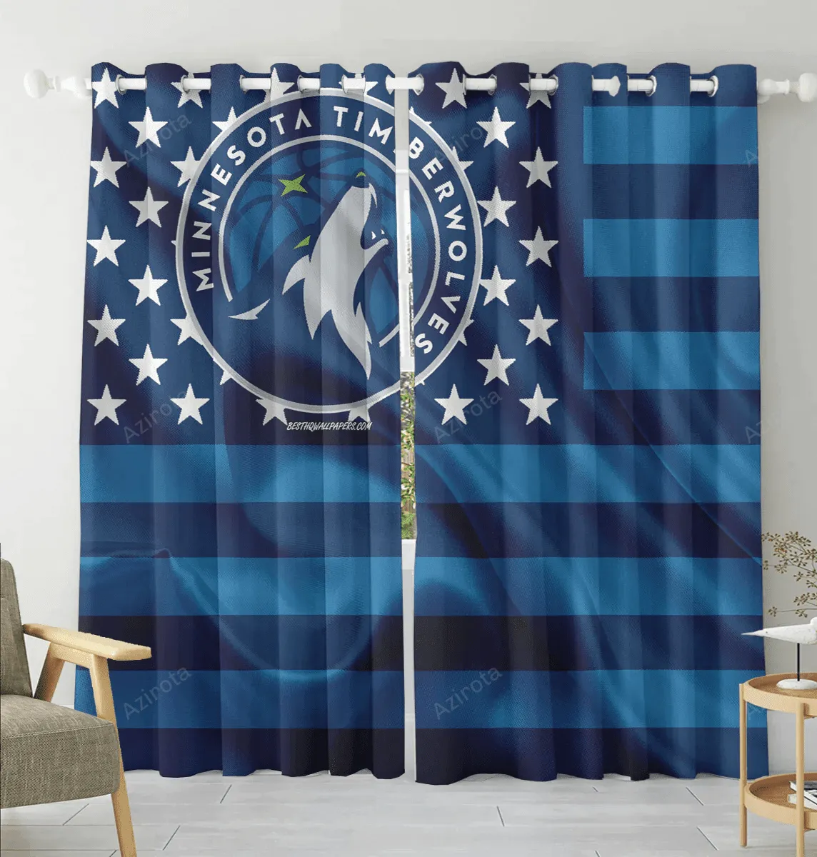 Minnesota Timberwolves American Flag v25 Blackout Window Curtain 2 Panels For Living Room Bed Room Gift For Fan