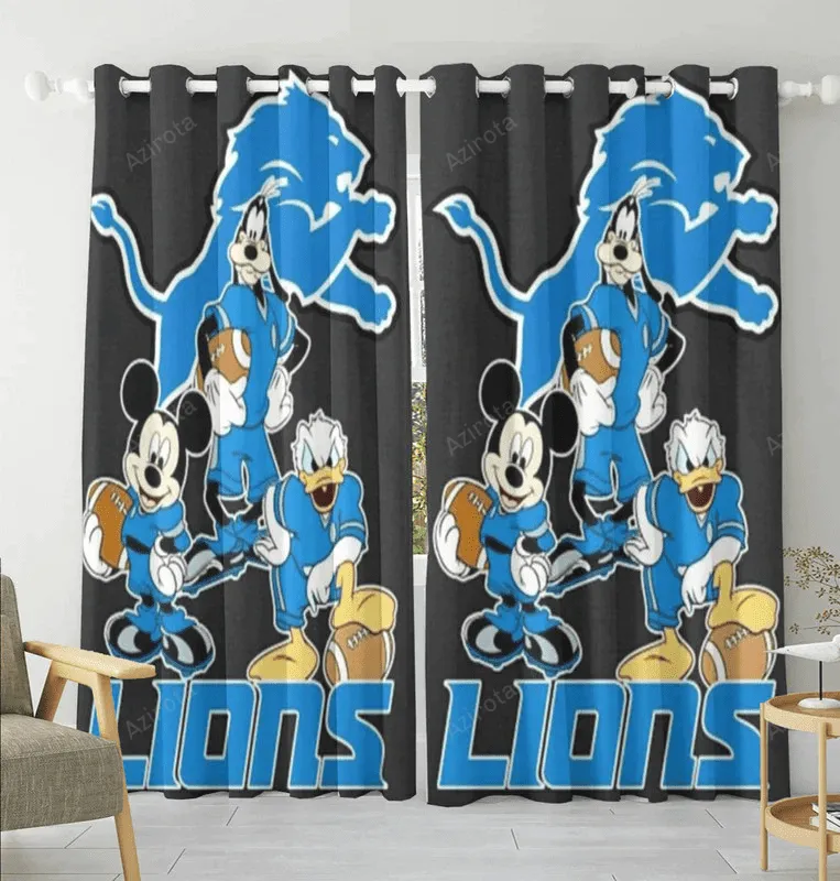 Detroit Lions Mickey Pluto and Donald Duck Blackout Window Curtain 2 Panels For Living Room Bed Room Gift For Fan