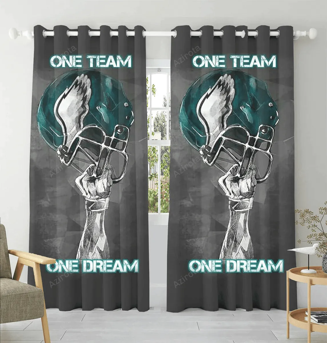 Philadelphia Eagles Helmet One Team One Dream Blackout Window Curtain 2 Panels For Living Room Bed Room Gift For Fan