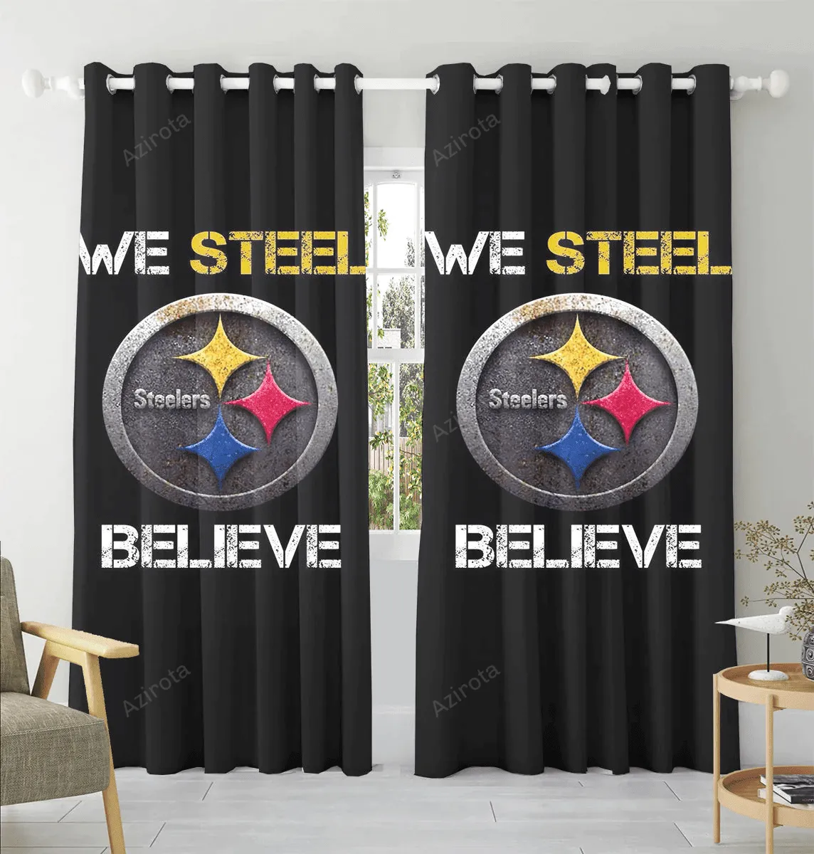 Pittsburgh Steelers Logo We Steel Believe Blackout Window Curtain 2 Panels For Living Room Bed Room Gift For Fan