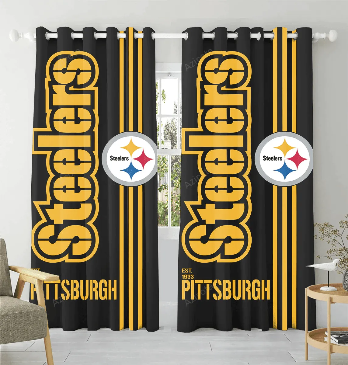 Pittsburgh Steelers Logo Art Est 1933 Blackout Window Curtain 2 Panels For Living Room Bed Room Gift For Fan