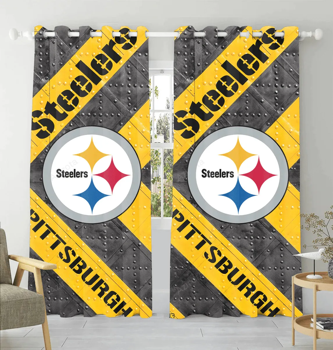 Pittsburgh Steelers Logo Art Metal Pattern Blackout Window Curtain 2 Panels For Living Room Bed Room Gift For Fan