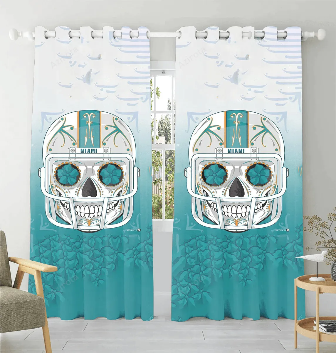 Miami Dolphins Skull Art 2 Window Curtain Gift For Fans