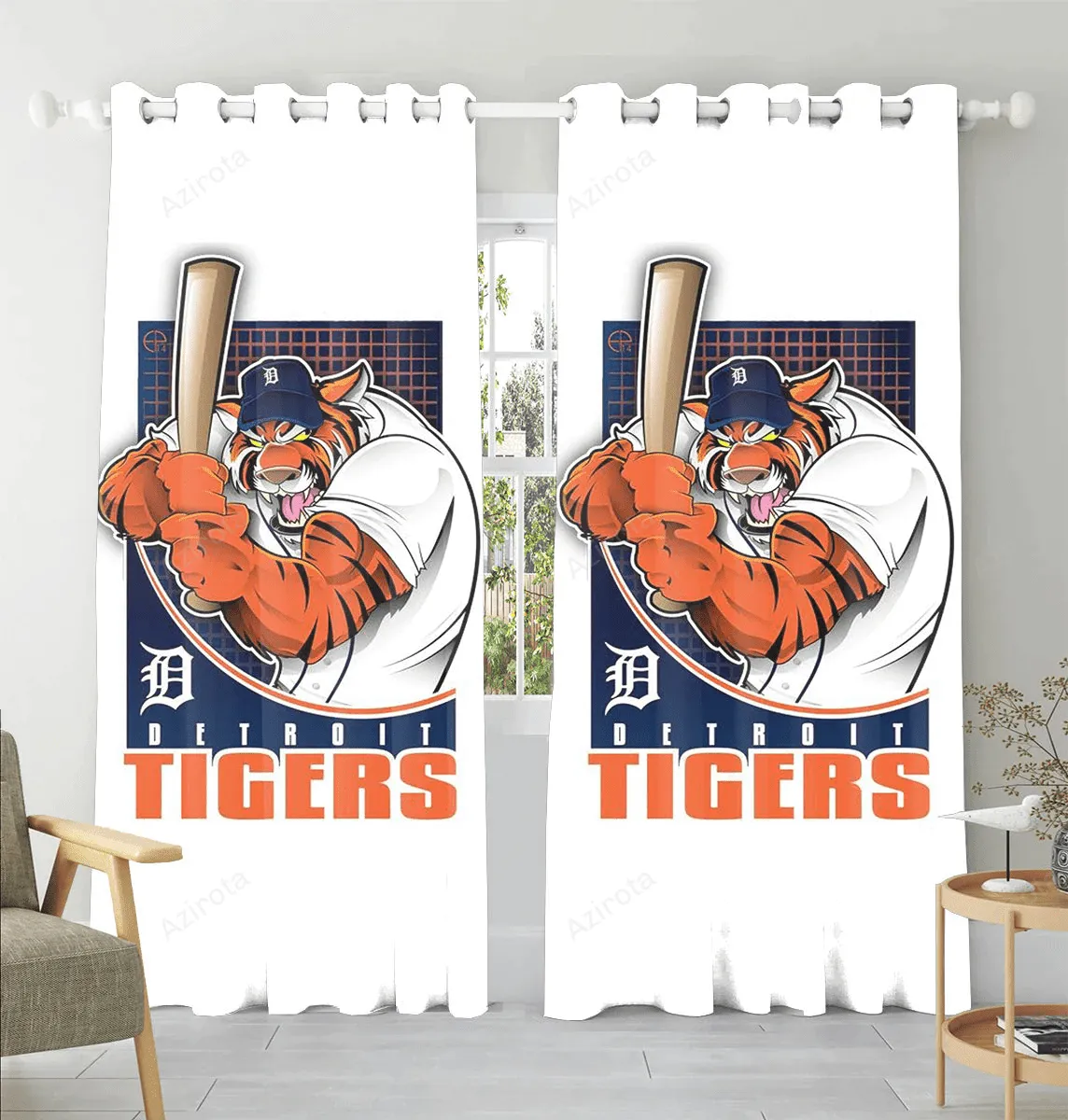 Detroit Tigers Mascot Playing White Blackout Window Curtain 2 Panels For Living Room Bed Room Gift For Fan