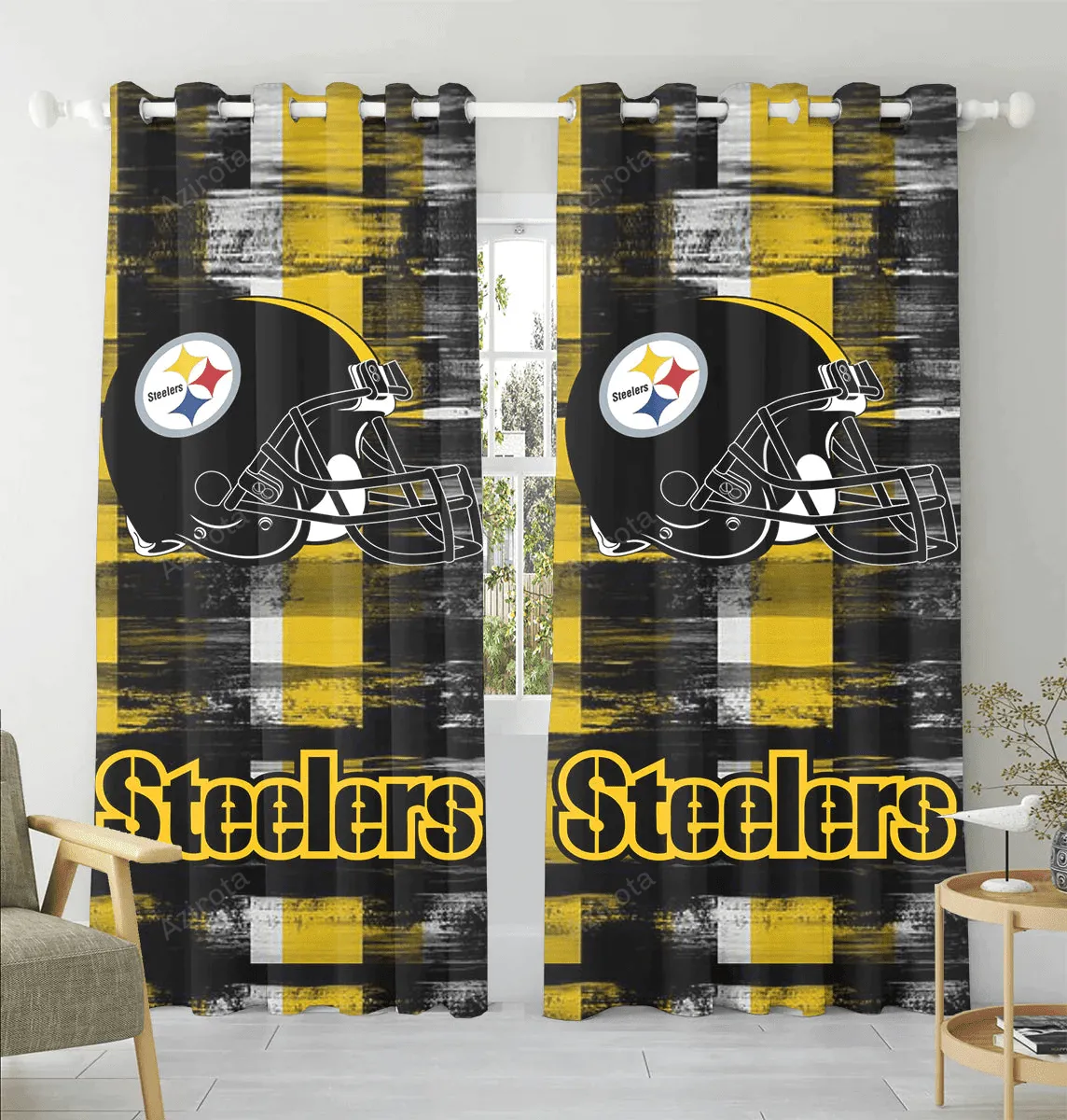 Pittsburgh Steelers Logo Helmet Brush Pencil Blackout Window Curtain 2 Panels For Living Room Bed Room Gift For Fan