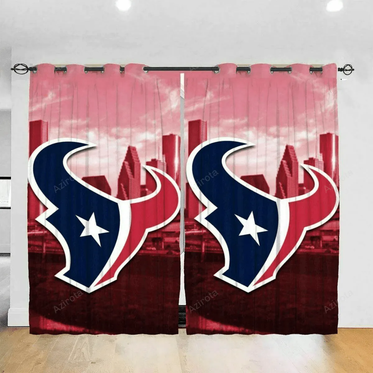 Houston Texans Logo City Background Blackout Window Curtain 2 Panels For Living Room Bed Room Gift For Fan