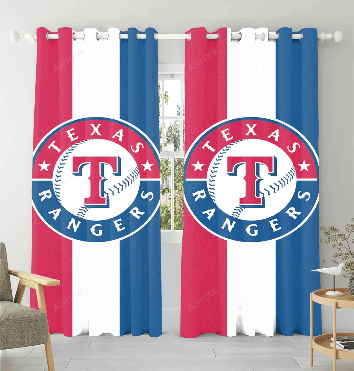 Texas Rangers Logo Red Blue Striped Blackout Window Curtain 2 Panels For Living Room Bed Room Gift For Fan