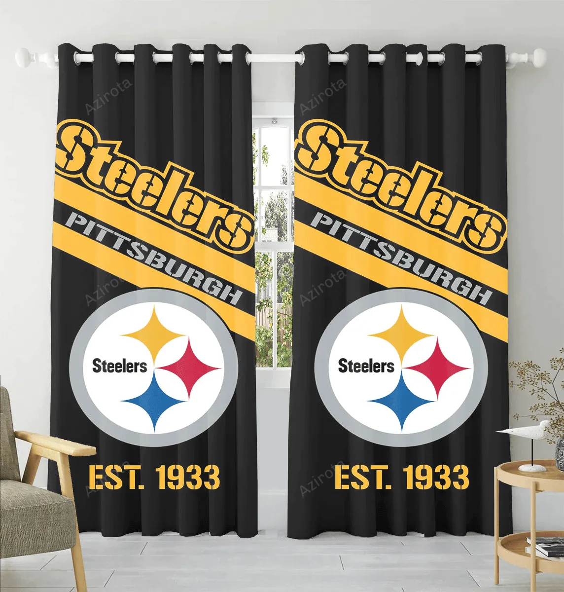 Pittsburgh Steelers Logo Est 1933 Blackout Window Curtain 2 Panels For Living Room Bed Room Gift For Fan