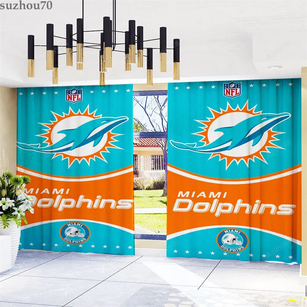 Miami Dolphins Logo Art Background 1 Blackout Window Curtain 2 Panels For Living Room Bed Room Gift For Fan